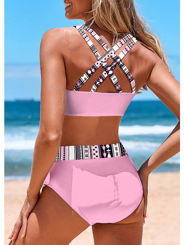 Women's Swimwear Bikini Normal Swimsuit 2 Piece Geometic Pink Bathing Suits Sports Beach Wear Summer