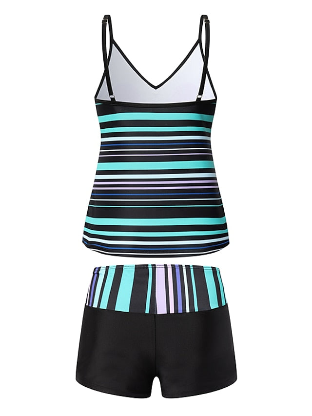 Women's Swimwear Tankini 2 Piece Normal Swimsuit Open Back Cross Color Block Stripe Rainbow Tank