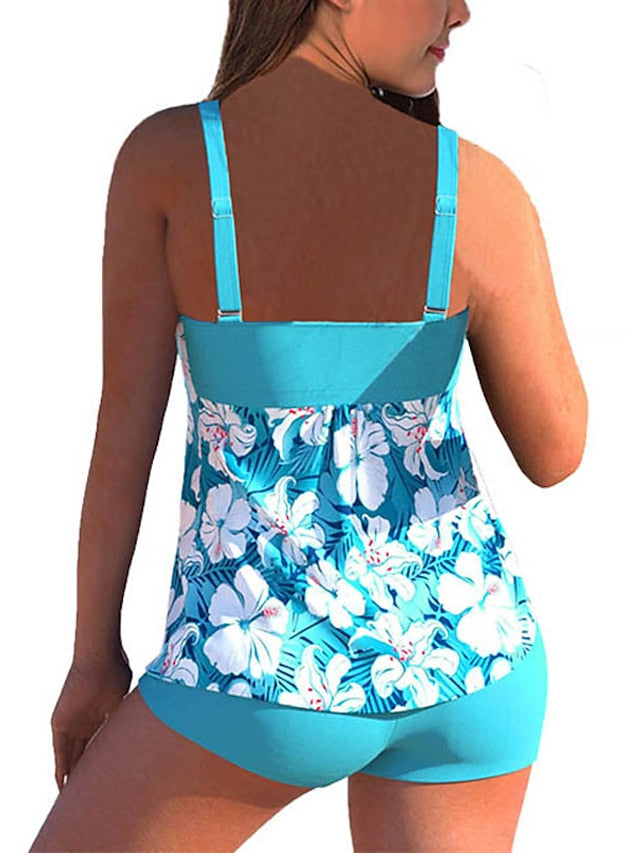 Women's Swimwear Tankini 2 Piece Plus Size Swimsuit Open Back Printing Flower Gradient Color Green Blue Purple Navy Blue White Camisole V Wire Bathing Suits New Vacation Fashion / Modern