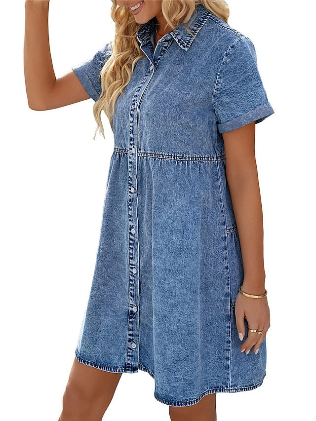 Women's Denim Shift Dress - Casual Mini Shirt Dress with Pockets, Short Sleeve
