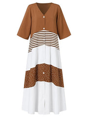 Women's Casual Dress Swing Dress Long Dress Maxi Dress Brown Half Sleeve Color Block Button Summer Spring V Neck Basic Print Dresses