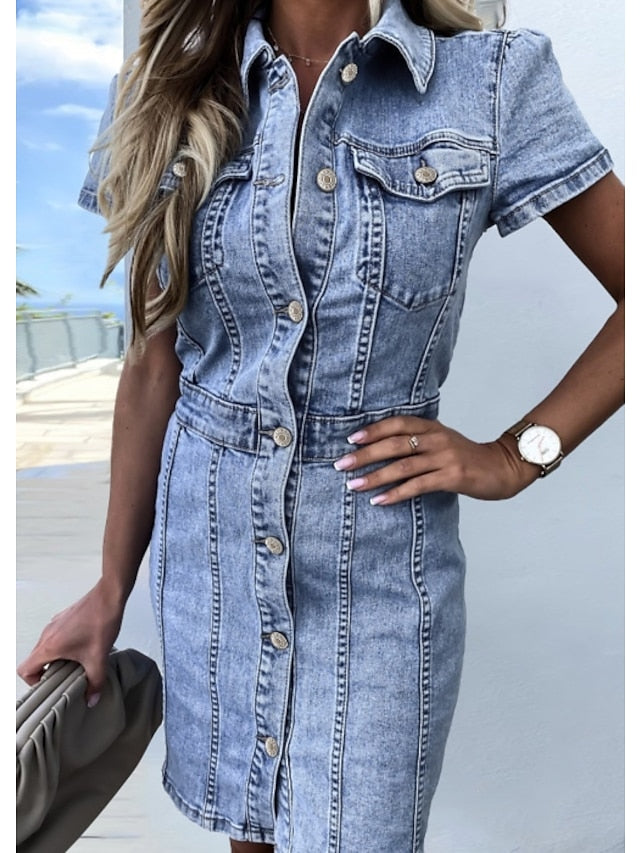 Women's Midi Denim Dress - Casual Elegant Shirt Dress with Pockets