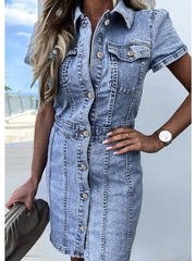 Women's Midi Denim Dress - Casual Elegant Shirt Dress with Pockets