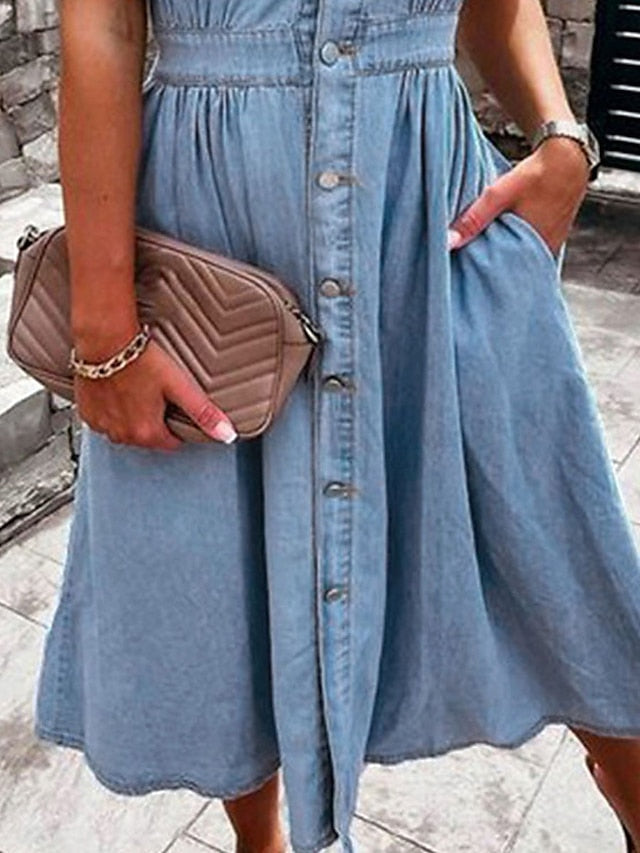Women's Cotton Denim Maxi Dress - Casual Short Sleeve with Pockets & Button Detail