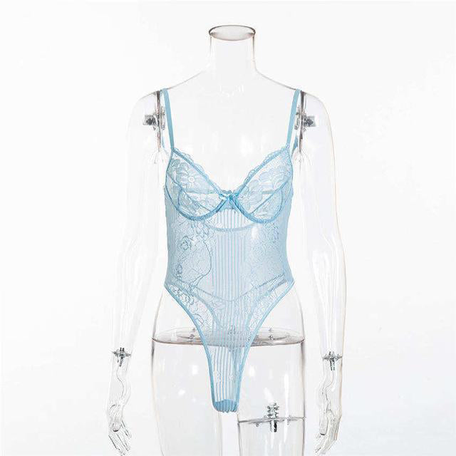 Sexy Floral Embroidery Hollow Out Bow Tie Sheer Lace Bodysuit For Women