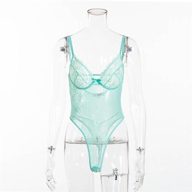 Sexy Floral Embroidery Hollow Out Bow Tie Sheer Lace Bodysuit For Women