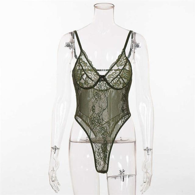 Sexy Floral Embroidery Hollow Out Bow Tie Sheer Lace Bodysuit For Women