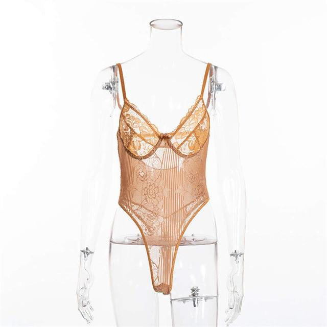 Sexy Floral Embroidery Hollow Out Bow Tie Sheer Lace Bodysuit For Women