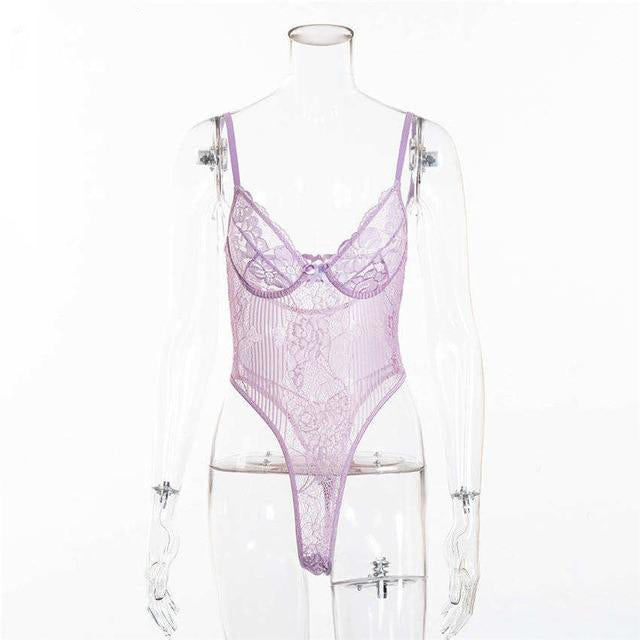 Sexy Floral Embroidery Hollow Out Bow Tie Sheer Lace Bodysuit For Women