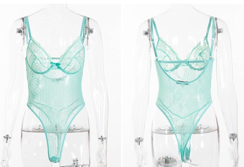 Sexy Floral Embroidery Hollow Out Bow Tie Sheer Lace Bodysuit For Women