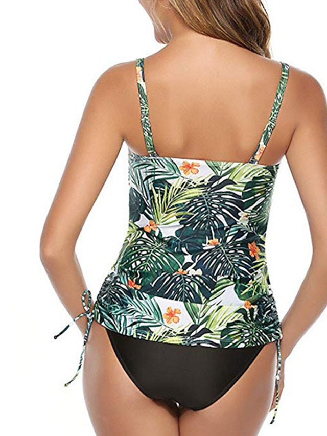 Women's Swimwear 2 Piece Plus Size Swimsuit Tummy Control Open Back Printing for Big Busts Leaves Green Camisole Strap Bathing Suits New Vacation Fashion