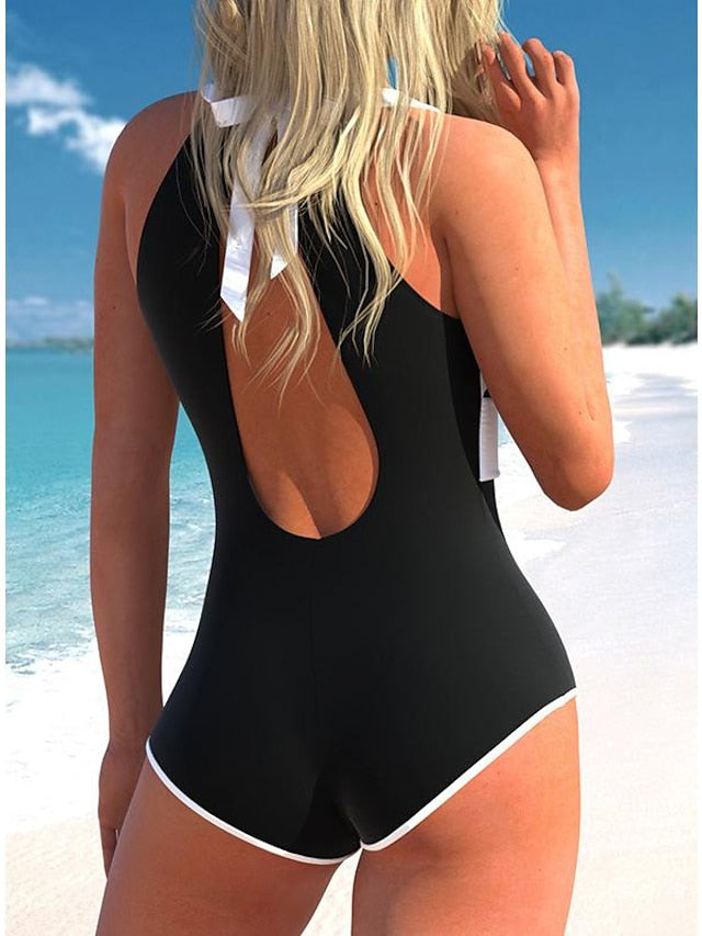 Women's Swimwear One Piece Normal Swimsuit Tummy Control Cut Out Printing Color Block Black Bodysuit High Neck Bathing Suits Sports Beach Wear Summer