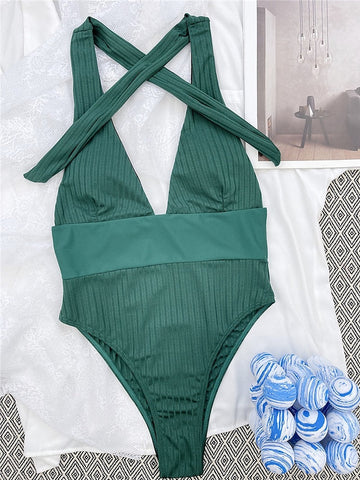 Women's Swimwear One Piece Monokini Bathing Suits Normal Swimsuit Tummy Control Open Back High Waisted Pure Color Army Green Plunge Bathing Suits Sexy Vacation Fashion / Modern / New / Padded Bras