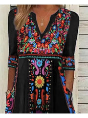 Women's Casual Dress Ethnic Dress Shift Dress Midi Dress Black Half Sleeve Floral Pocket Fall Spring Summer V Neck