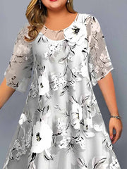 Women's Plus Size Casual Dress Dress Set Chiffon Dress Floral Midi Dress Half Sleeve Print Crew Neck Fashion Daily Gray Summer Spring Plus Size Print Dresses