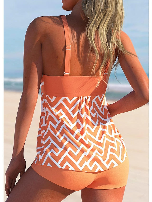 Women's Swimwear Tankini 2 Piece Normal Swimsuit 2 Piece Printing Lines / Waves Blue Orange Tank Top Bathing Suits Sports Beach Wear Summer