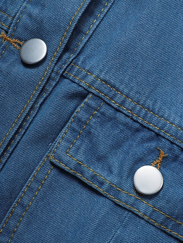 Women's Cotton Denim Maxi Dress - Casual Short Sleeve with Pockets & Button Detail