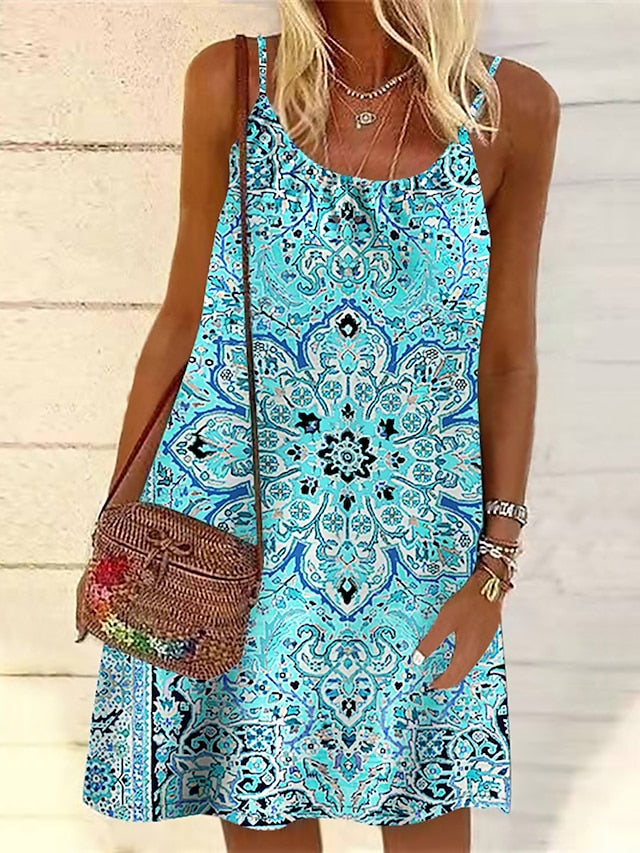 Women's Casual Dress Summer Dress Slip Dress Tribal Drawstring Print Strap Mini Dress Fashion Holiday Vacation Sleeveless Loose Fit