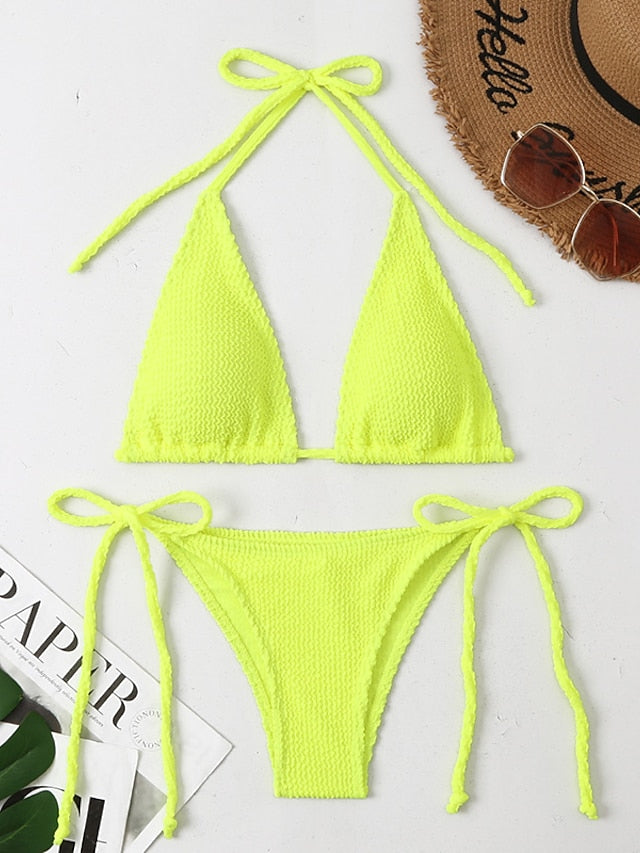 Women's Swimwear Bikini 2 Piece Normal Swimsuit Open Back Solid Color Green Black Blue Purple Yellow Camisole Strap Bathing Suits New Casual Vacation / Sexy / Modern / Padded Bras