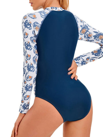 Women's Swimwear Rash Guard Diving Plus Size Swimsuit Open Back Zipper Printing High Waisted Flower Blue High Neck Bathing Suits Sports Vacation Fashion / Modern / New / Padded Bras