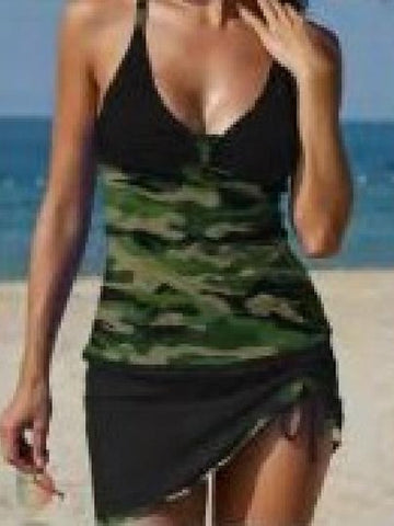 Women's Swimwear Tankini 2 Piece Normal Swimsuit Ruched 2 Piece Printing Leopard Camouflage Brown Tank Top Bathing Suits Sports Beach Wear Summer