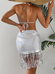 Women's Swimwear Bikini Three Piece Normal Swimsuit Tassel Fringe Backless High Waisted string Pure Color Silver Halter V Wire Bathing Suits New Vacation Sexy