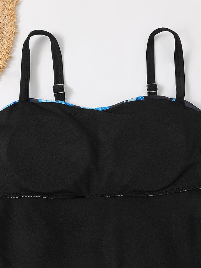 Women's Swimwear Tankini 2 Piece Normal Swimsuit 2 Piece Printing Graphic Black Blue Tank Top High Neck Bathing Suits Sports Beach Wear Summer