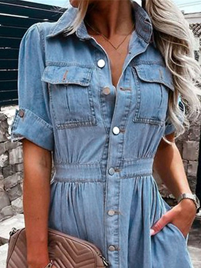 Women's Cotton Denim Maxi Dress - Casual Short Sleeve with Pockets & Button Detail