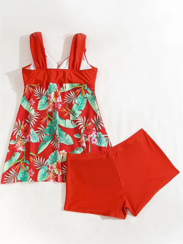 Women's Swimwear Tankini 2 Piece Normal Swimsuit Backless High Waisted fold over Print Floral Leaf Light Blue Blue Orange Red Brown V Wire Bathing Suits New Vacation Holiday / Modern / Padded Bras