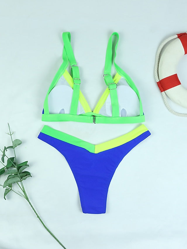 Women's Swimwear Bikini 2 Piece Normal Swimsuit Splice Adjustable Solid Color Color Block Green Blue Rose Red Padded Strap Bathing Suits New Sexy Hawaiian / Padded Bras / Slim