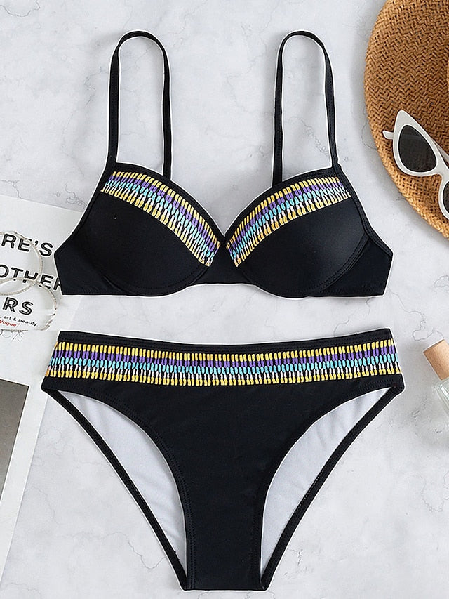 Women's Swimwear Bikini 2 Piece Normal Swimsuit Backless Push Up Printing Striped Black V Wire Bathing Suits New Vacation Sexy / Modern / Strap