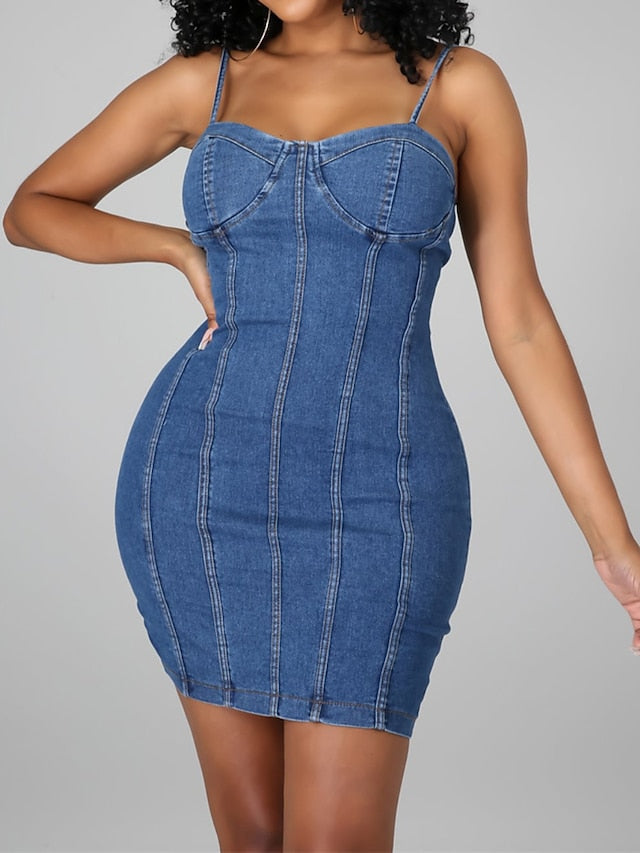 Women's Denim Mini Dress - Sleeveless, Backless, Spaghetti Strap for Summer