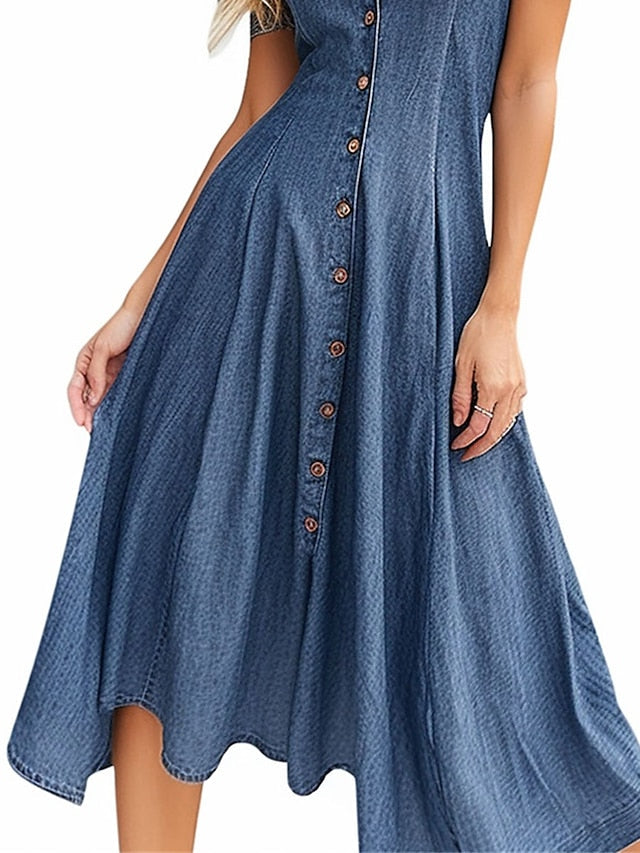 Women's Denim Midi Swing Dress - Casual Short Sleeve Shirt Dress for Summer
