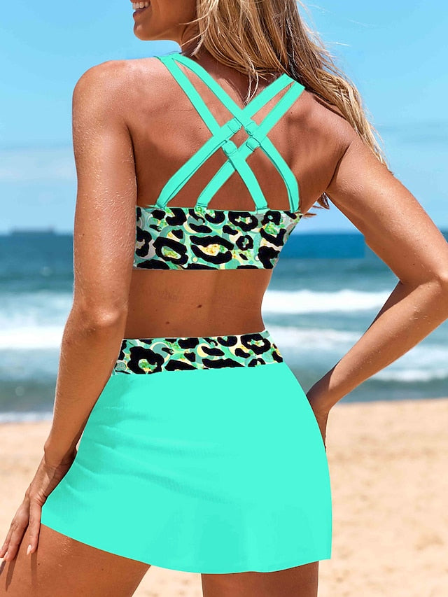 Women's Swimwear Bikini Normal Swimsuit 2 Piece Printing Leopard Green Bathing Suits Sports Beach Wear Summer