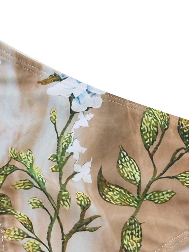 Women's Swimwear Tankini 2 Piece Normal Swimsuit High Waisted Trees / Leaves Floral Print Khaki Padded V Wire Bathing Suits Sports Vacation Sexy / Strap / New / Strap