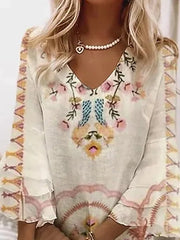 Women's Casual Dress Mini Dress Beige 3/4 Length Sleeve Floral Ruched Summer Spring V Neck Casual