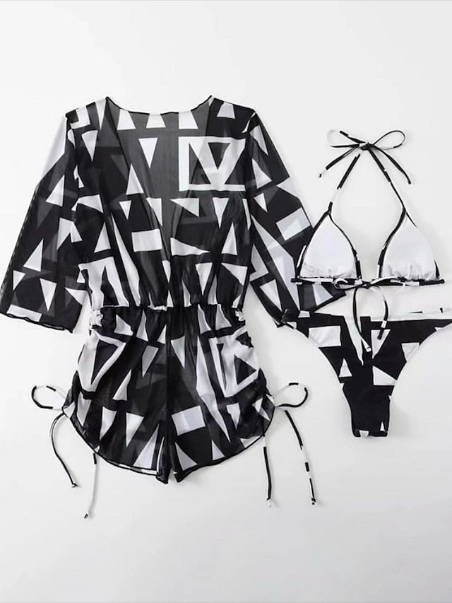 Women's Swimwear Bikini Normal Swimsuit 3-Piece Printing Leaf Geometic Black Orange Green Bathing Suits Sports Beach Wear Summer