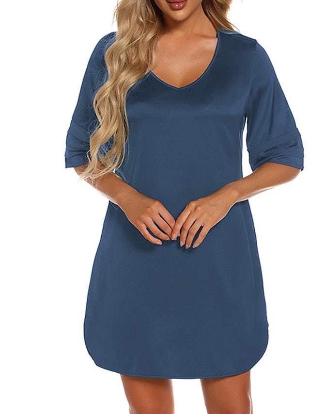 Women's Casual Dress T Shirt Dress Tee Dress Mini Dress Casual Cozy Patchwork Split Solid Colored V Neck Home Lounge Navy Black