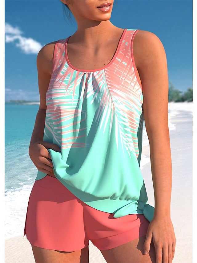 Women's Swimwear Tankini 2 Piece Normal Swimsuit 2 Piece Printing Leaf Green Bathing Suits Sports Beach Wear Summer