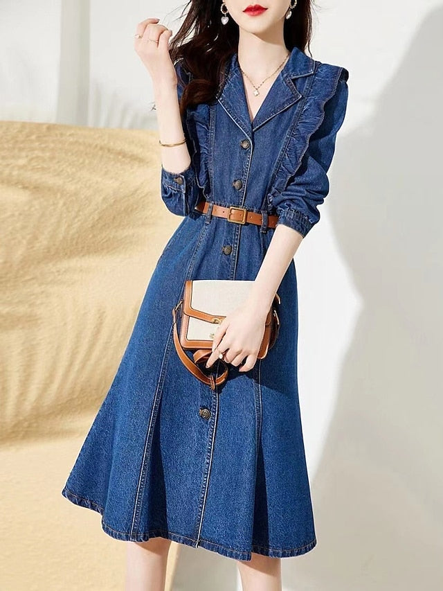 Women's Denim Midi Shirt Dress - Elegant Long Sleeve Ruffle Button for Office & Casual