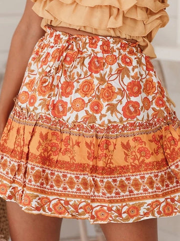 Women's Skirt Swing Above Knee Chiffon Orange Skirts Ruffle Print Gopi Dress Summer Holiday Vacation