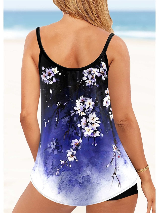 Women's Swimwear Tankini 2 Piece Plus Size Swimsuit 2 Piece Printing Floral Black White Blue Tank Top Bathing Suits Sports Summer