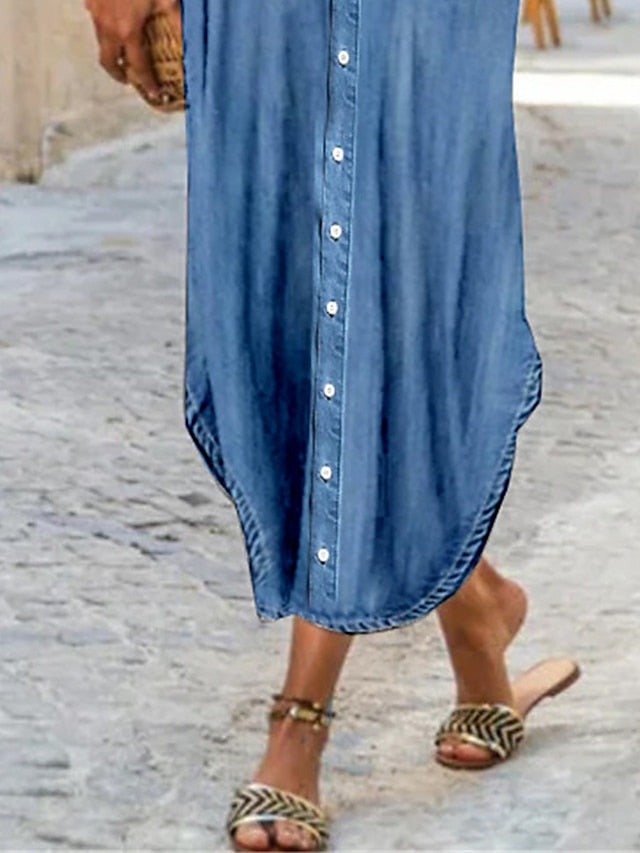 Women's Denim Shift Dress - V-Neck Maxi Shirt Dress with Pockets, Short Sleeve