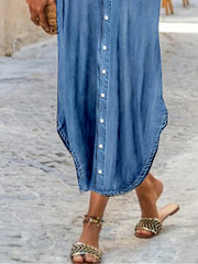 Women's Denim Shift Dress - V-Neck Maxi Shirt Dress with Pockets, Short Sleeve