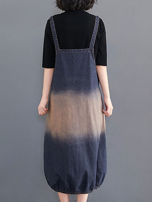 Women's Maxi Denim Pinafore Dress with Pockets - Sleeveless Square Neck for Summer