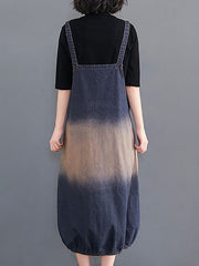 Women's Maxi Denim Pinafore Dress with Pockets - Sleeveless Square Neck for Summer
