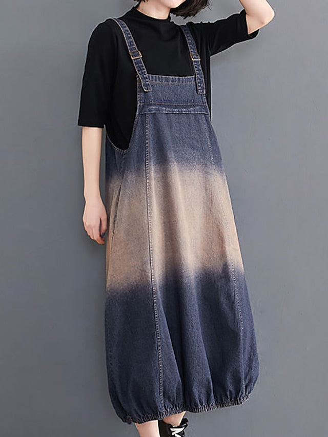 Women's Maxi Denim Pinafore Dress with Pockets - Sleeveless Square Neck for Summer