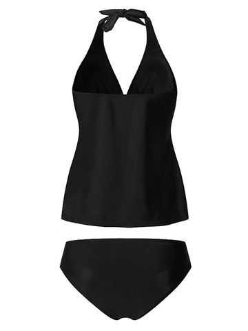 Women's Swimwear Tankini Swim Dress Bathing Suits 2 Piece Normal Swimsuit Halter Open Back Solid Color Black Halter Plunge Bathing Suits Sports Vacation Beach Wear