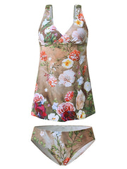 Women's Swimwear Tankini 2 Piece Normal Swimsuit High Waisted Trees / Leaves Floral Print Khaki Padded V Wire Bathing Suits Sports Vacation Sexy / Strap / New / Strap