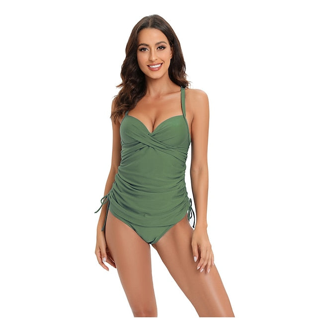 Women's Swimwear Tankini 2 Piece Normal Swimsuit 2 Piece Tummy Control Solid Color Leopard Print Black Army Green Navy Blue Blue Tank Top Bathing Suits Sports Summer